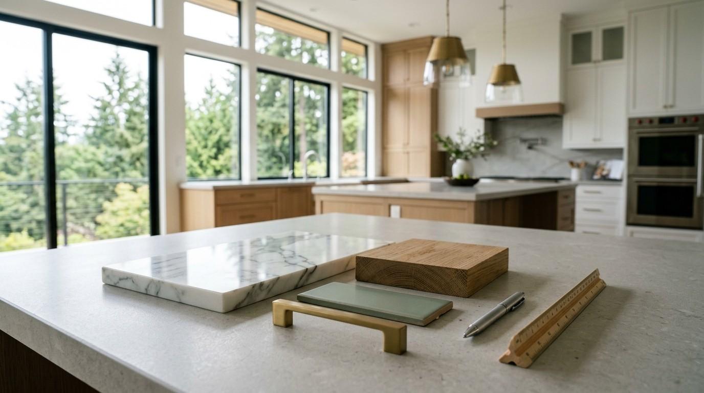 Kitchen remodeling plans displayed on a countertop with marble and wood samples, cabinet hardware, a tape measure, and a pen in a modern kitchen.